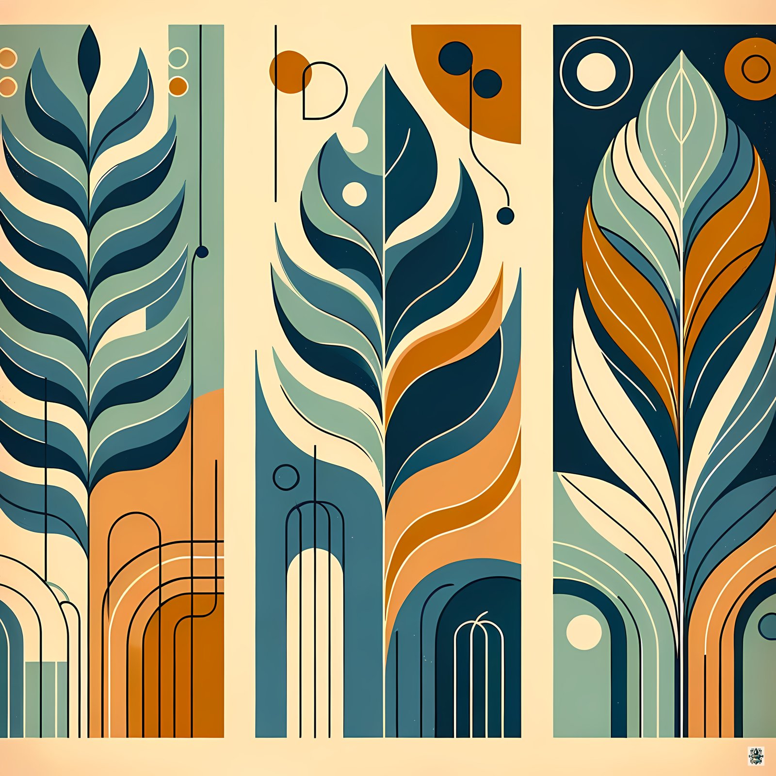 Abstract Botanical Leaves in Teal and Ochre