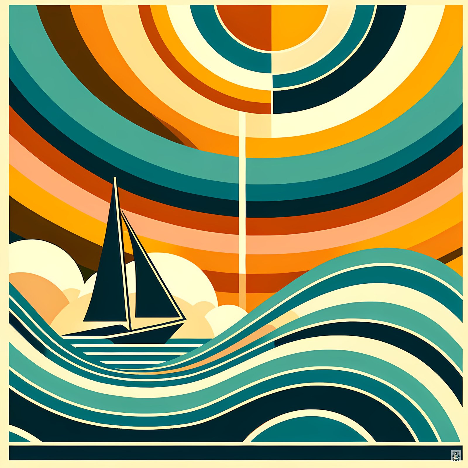 Geometric Sailboat Beneath Concentric Sunset Waves