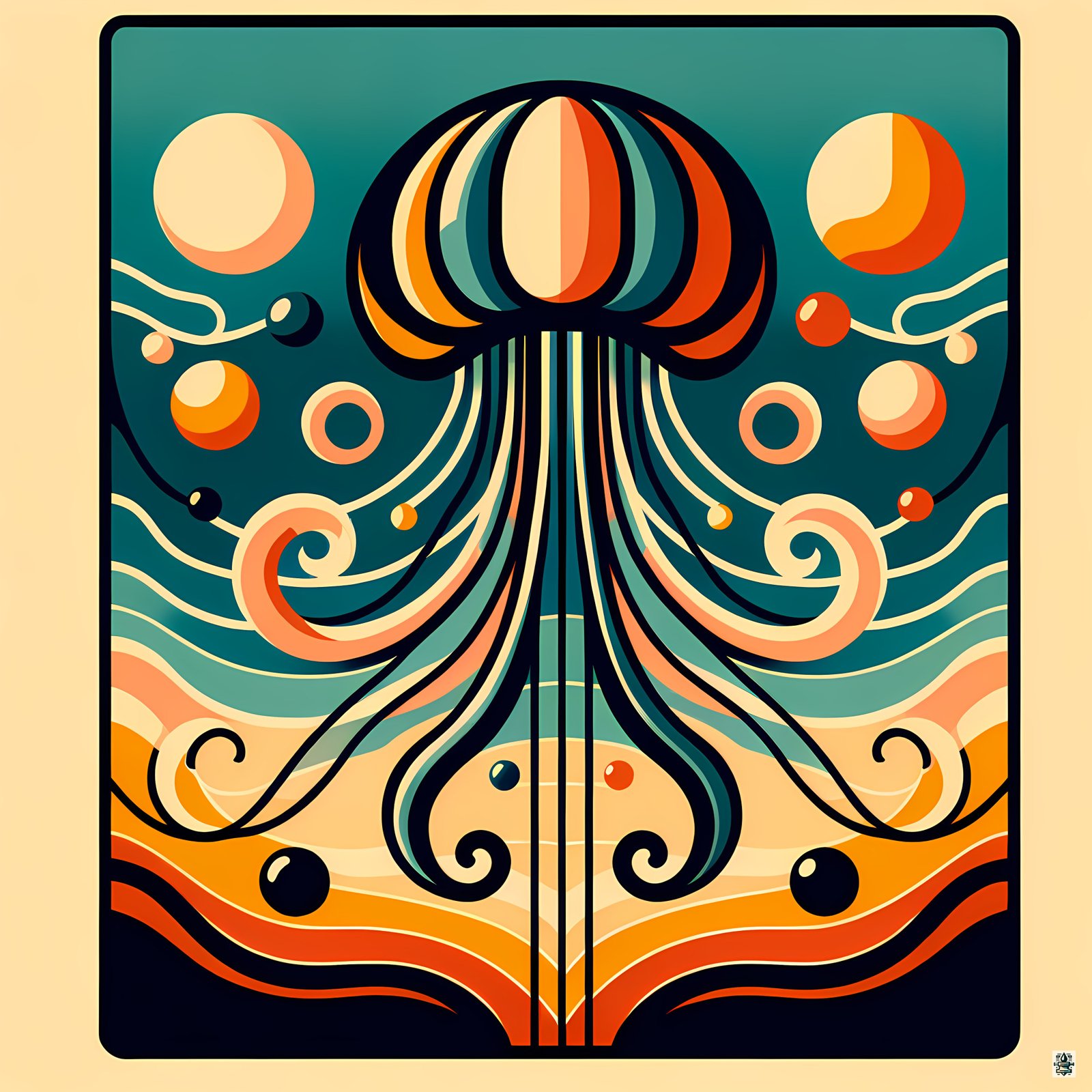 Retro Jellyfish With Wavy Abstract Forms