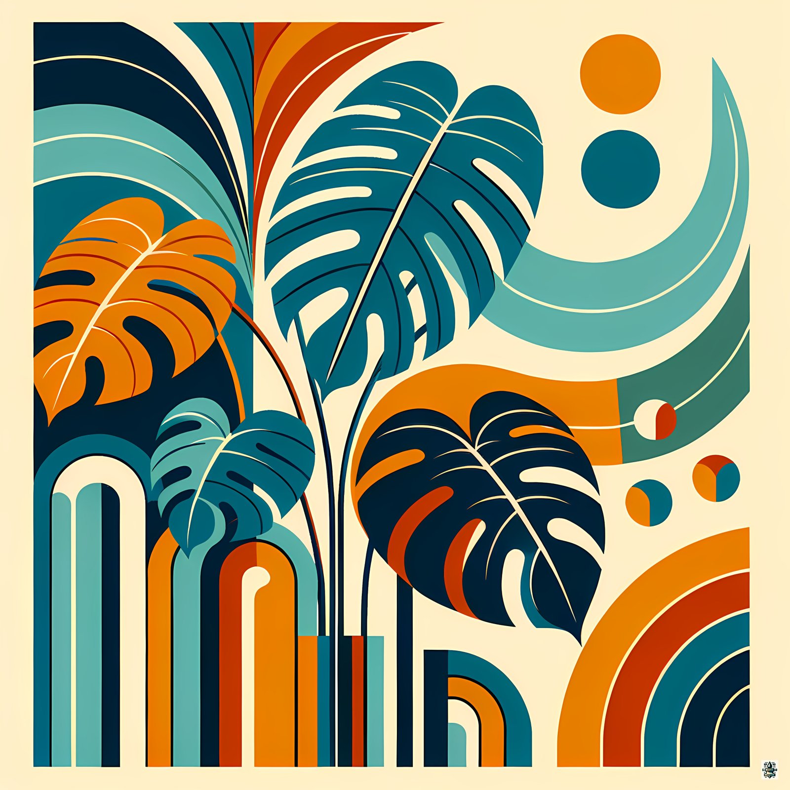 Abstract Monstera Leaves with Geometric Arches