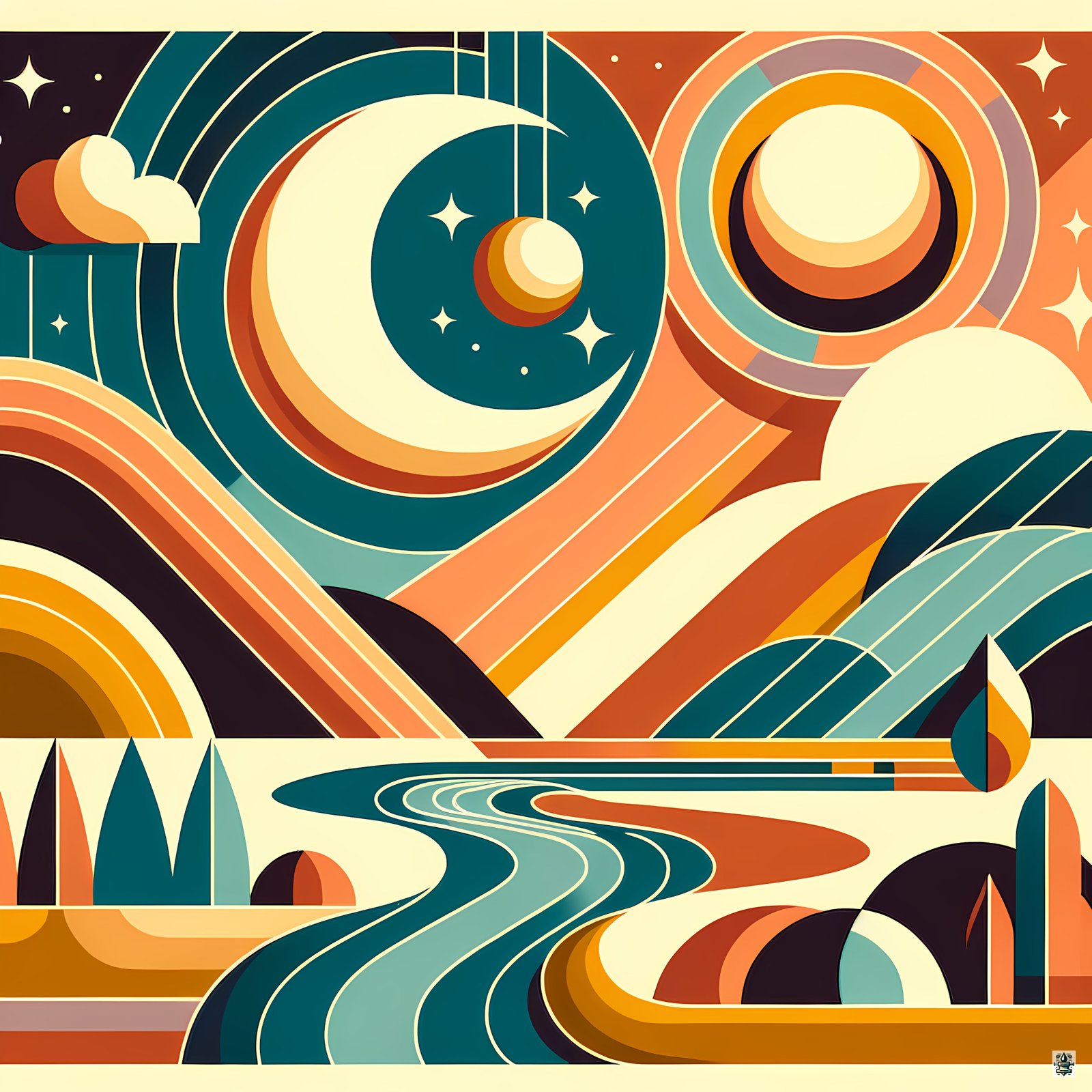 Retro Moon and Sun Abstract Landscape