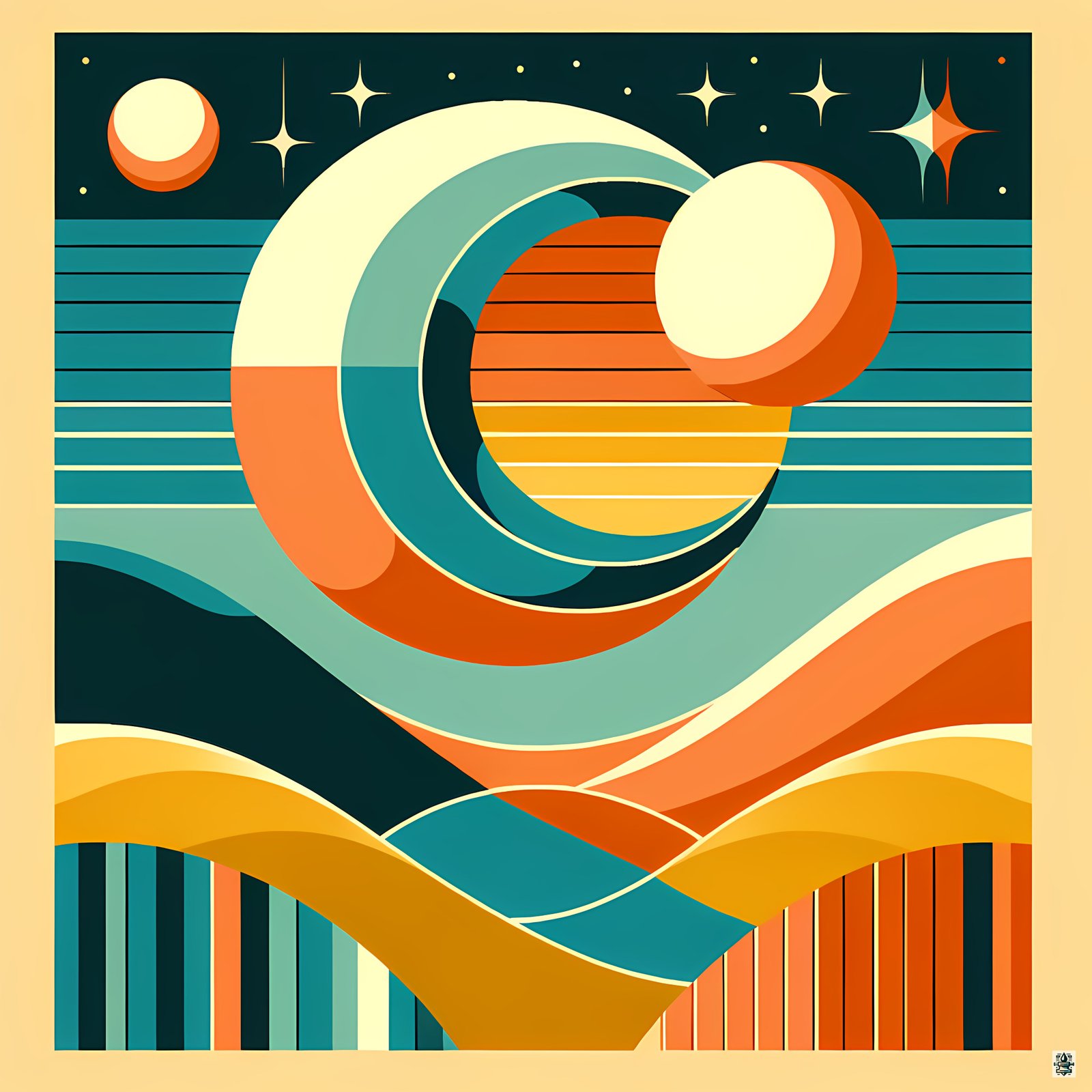Geometric Sun and Moon Over Abstract Desert