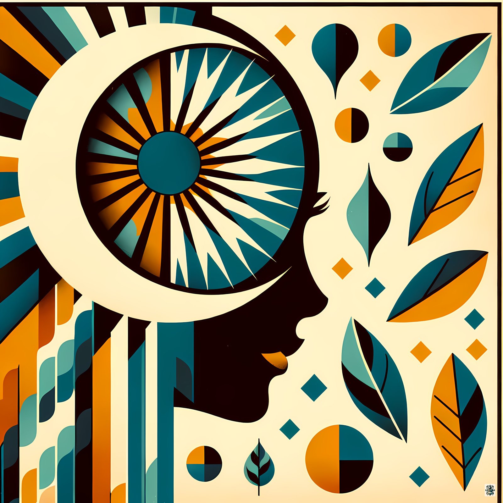 Abstract Face with Sunburst Eye and Leaves