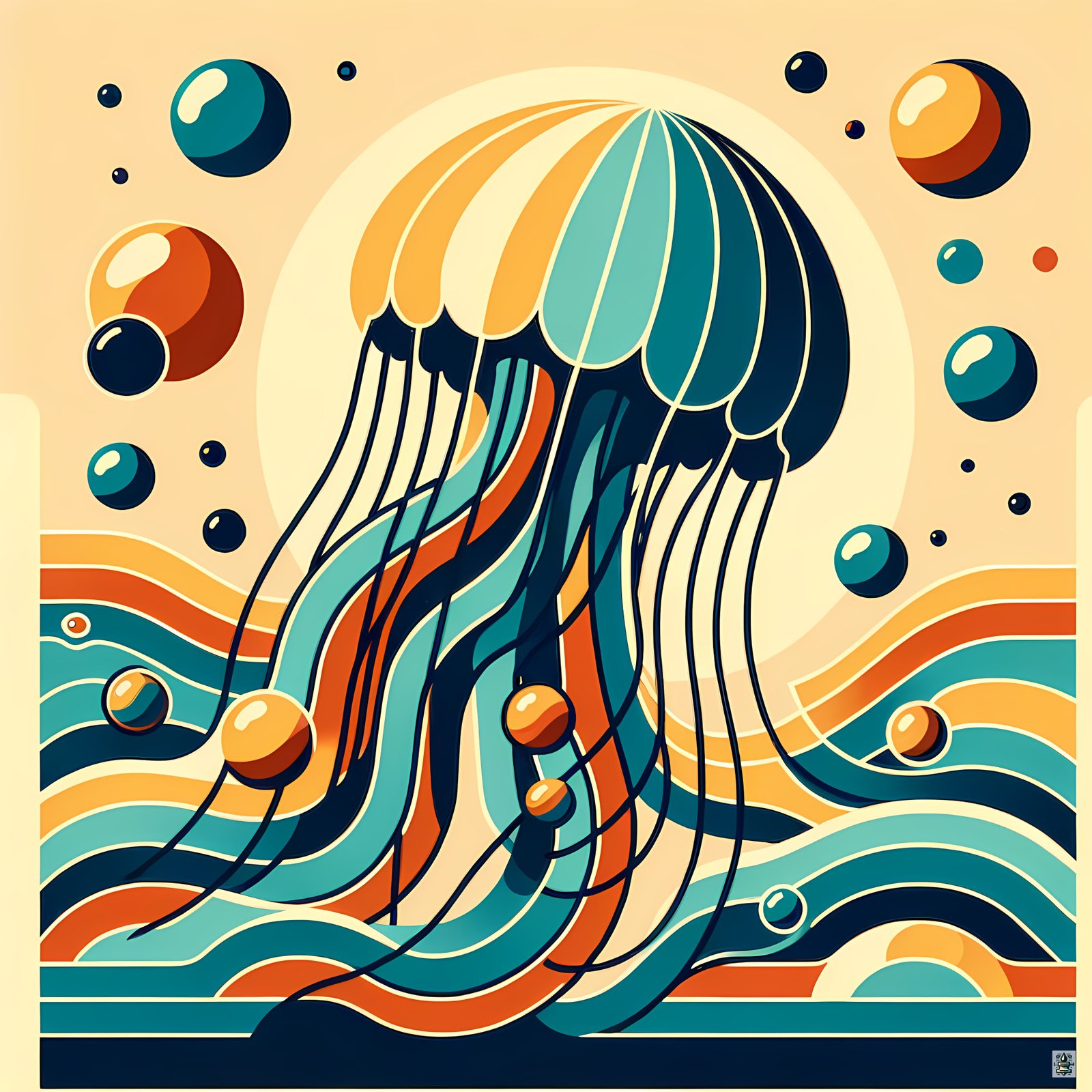Retro jellyfish over stylised ocean waves