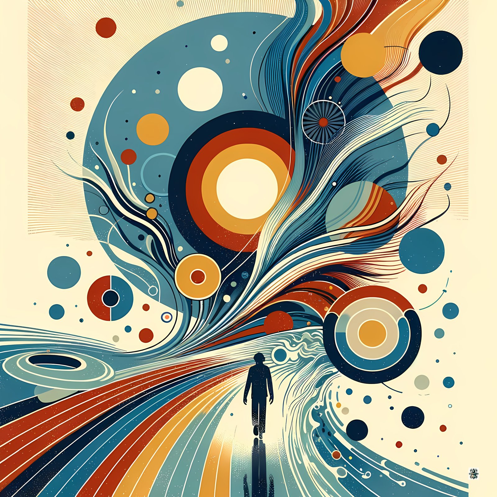 Retro Abstract Cosmic Swirls with Silhouette Figure