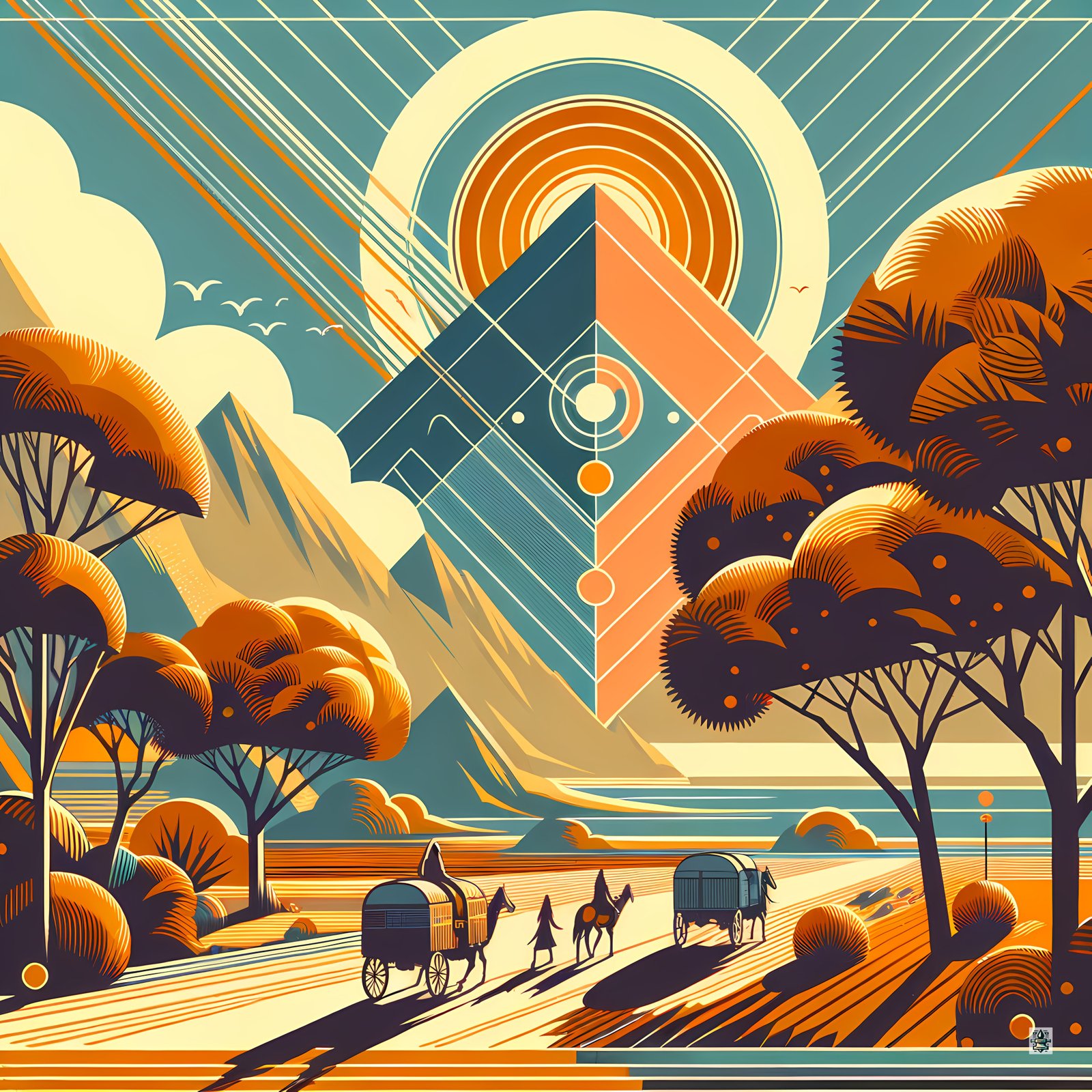 Retro Geometric Mountain Sunset Landscape Illustration