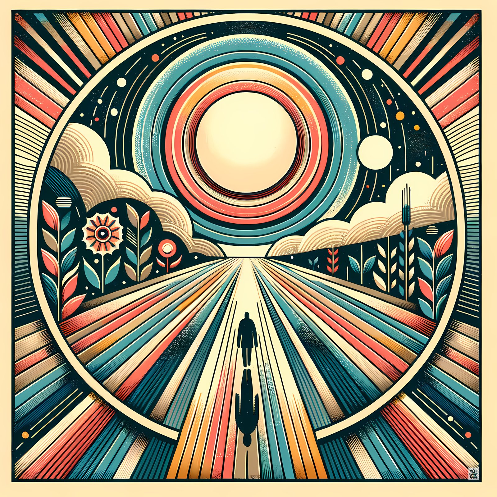 Retro Geometric Sunburst Landscape Art