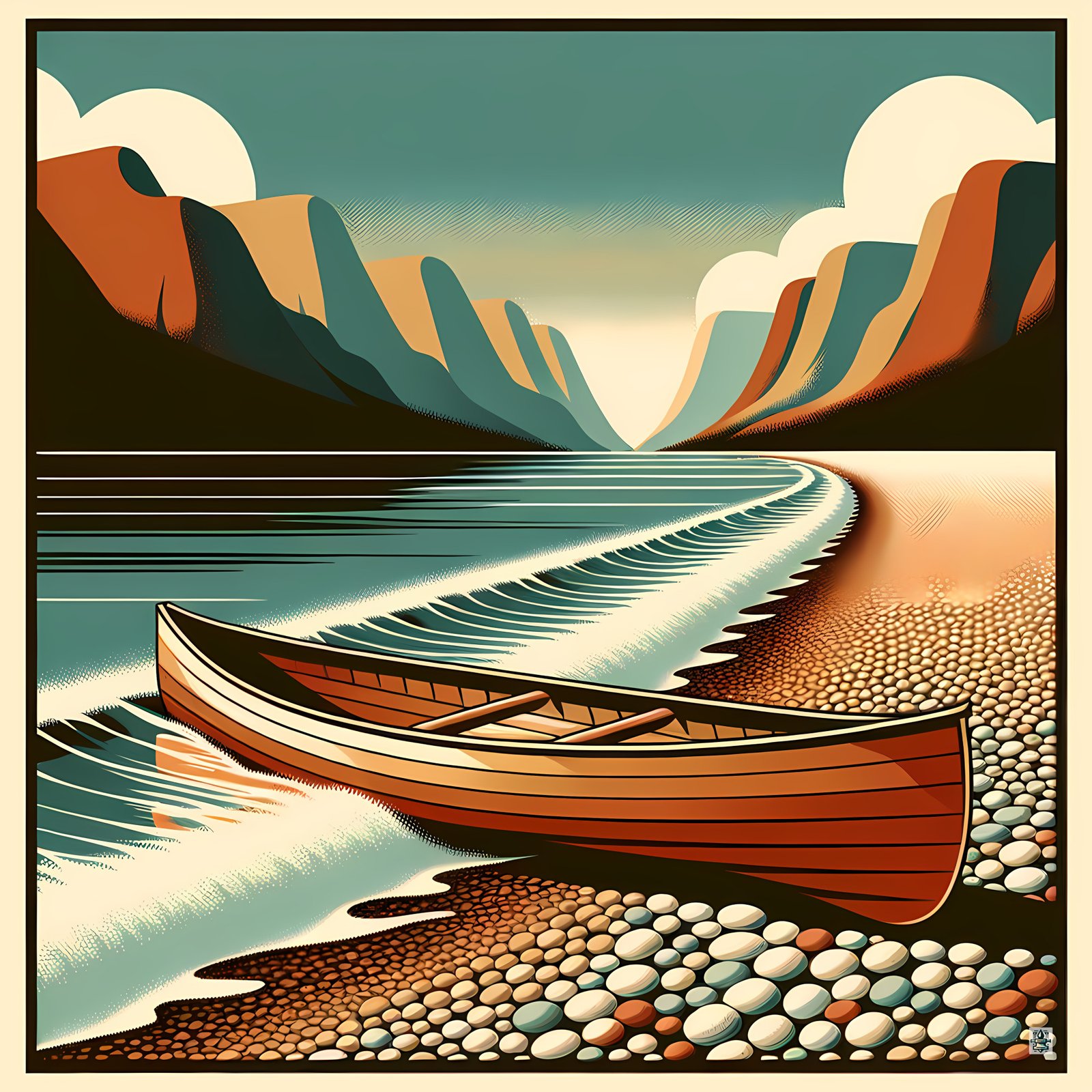 Retro Canoe on Pebble Beach Mountain Coast