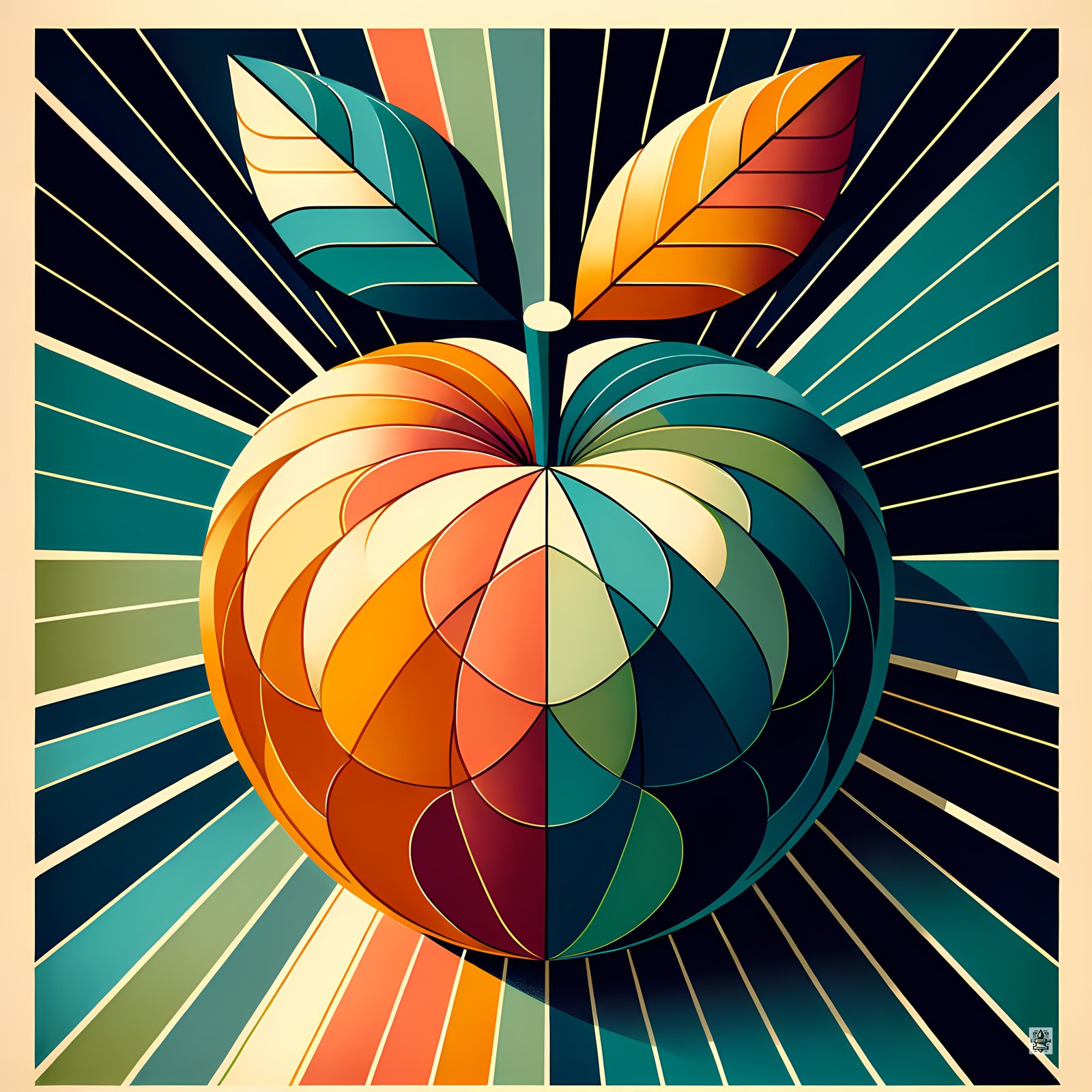 Retro Geometric Apple Sunburst in Teal and Orange
