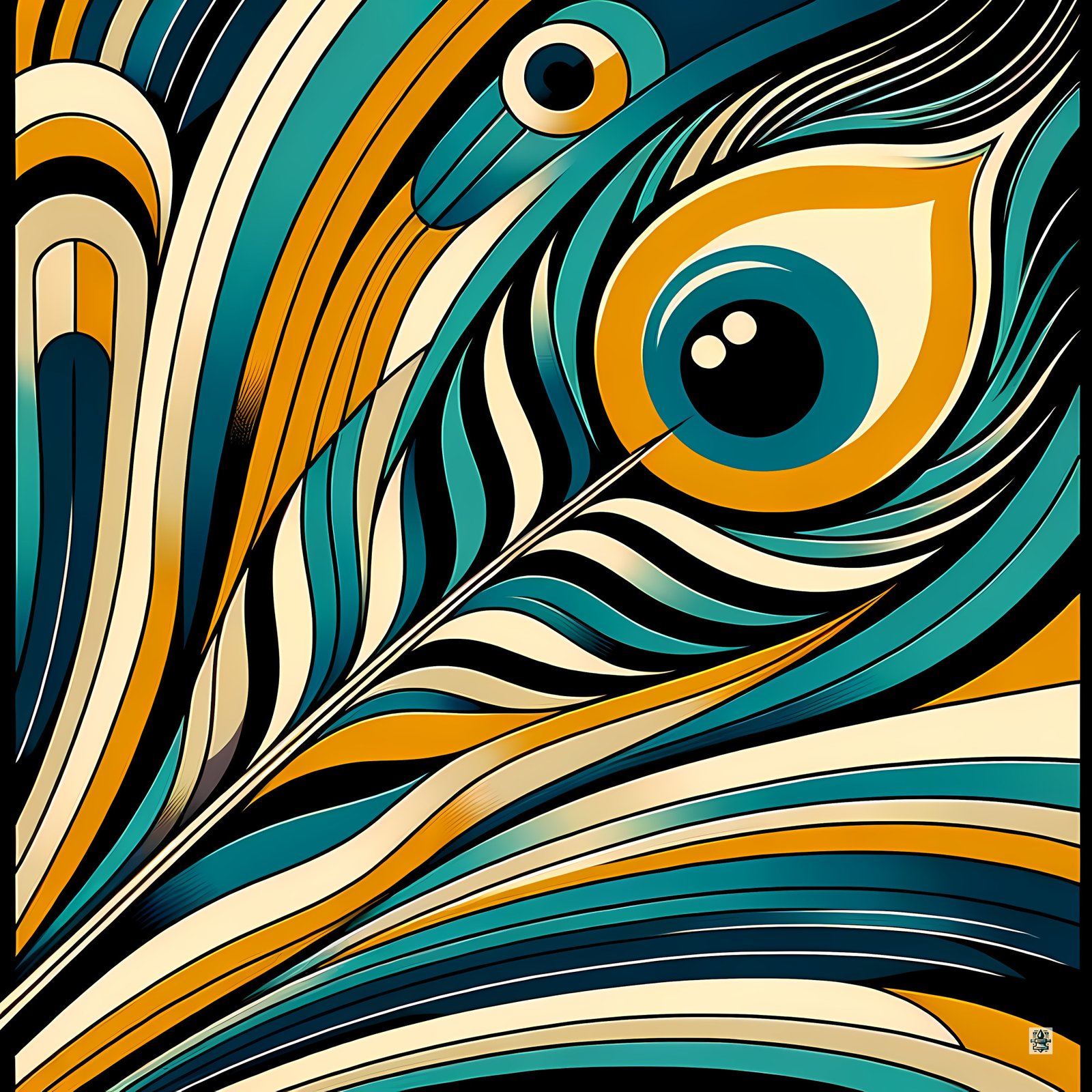 Abstract Peacock Feather in Teal and Gold