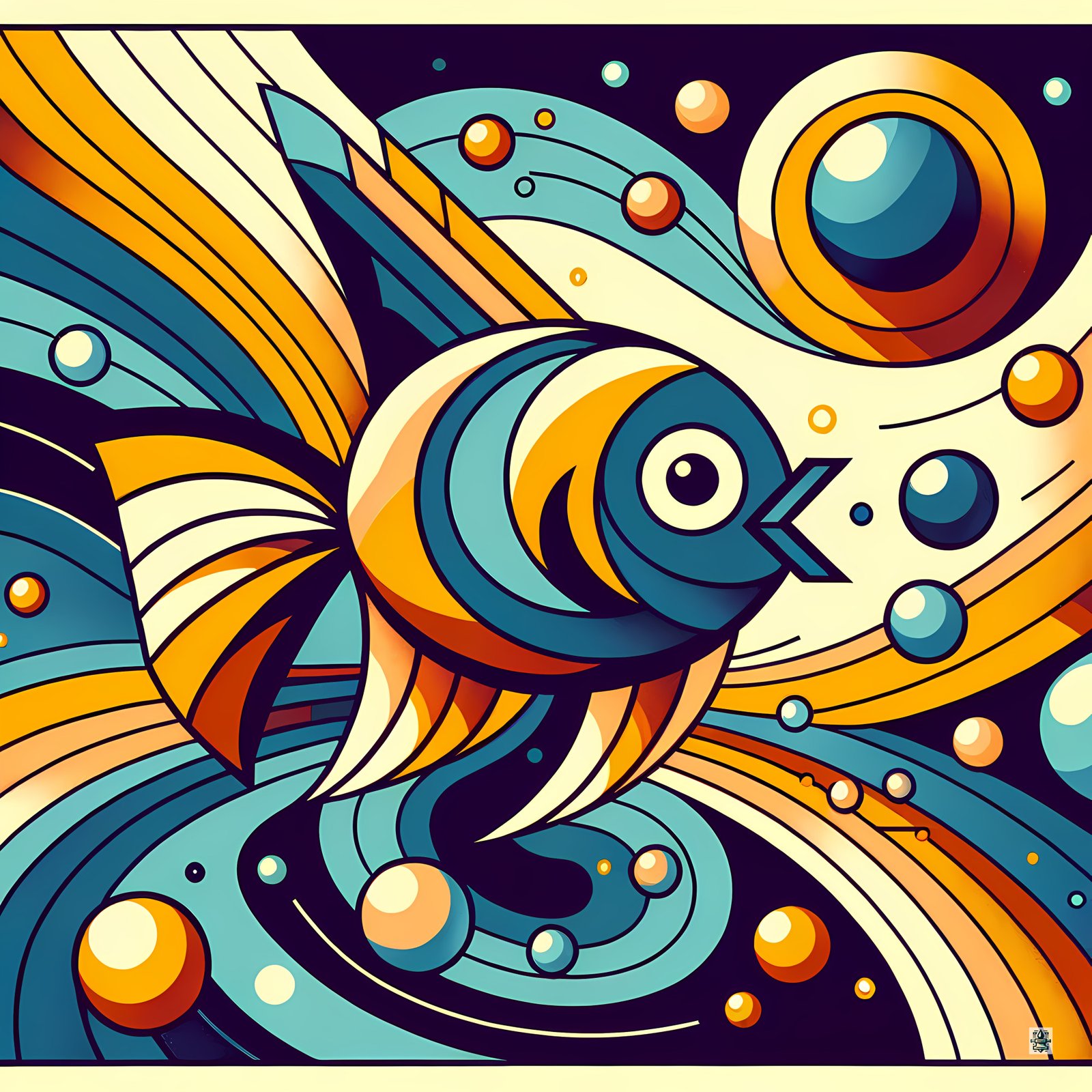 Retro Geometric Fish Illustration in Teal and Orange