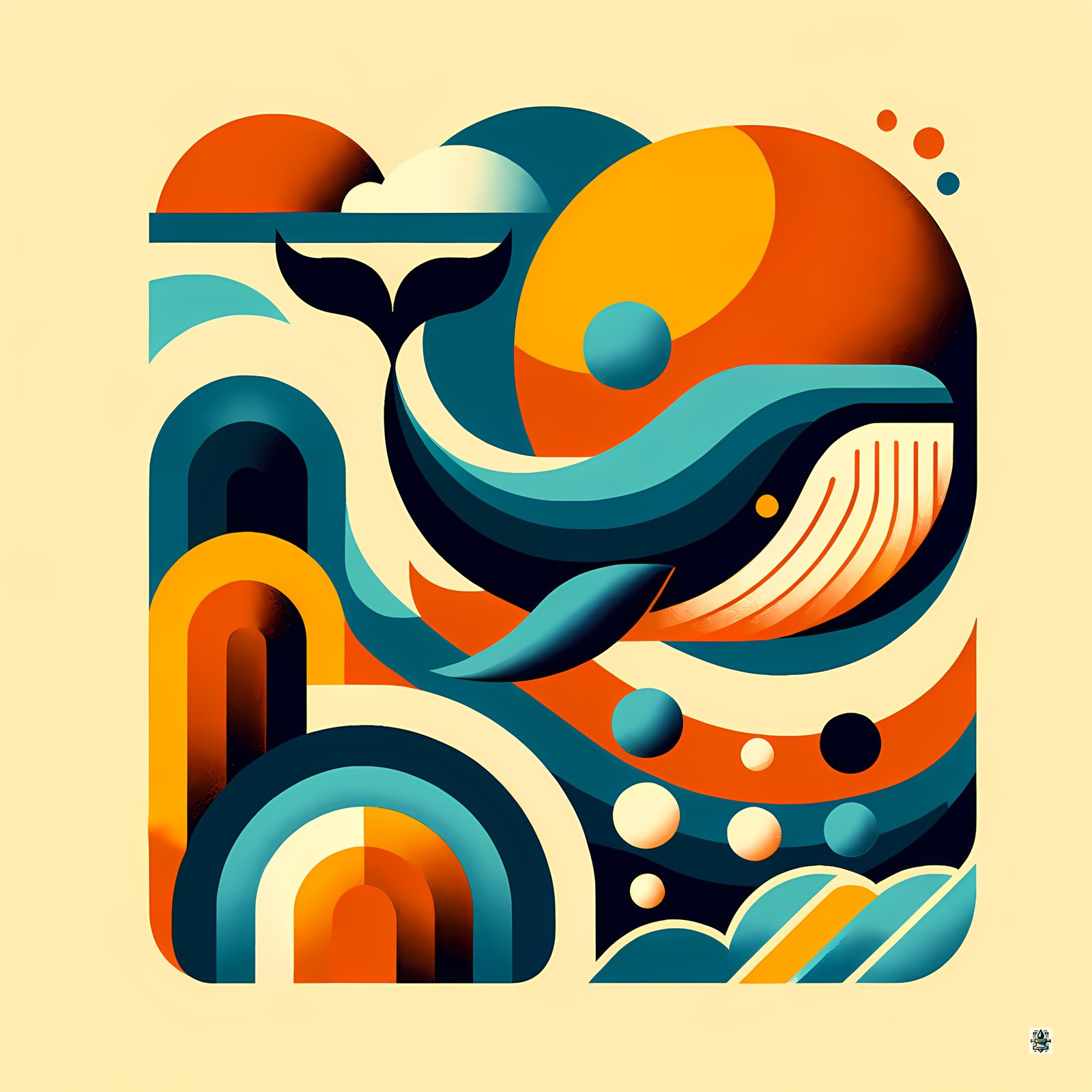 Retro Geometric Whale in Teal and Orange Waves