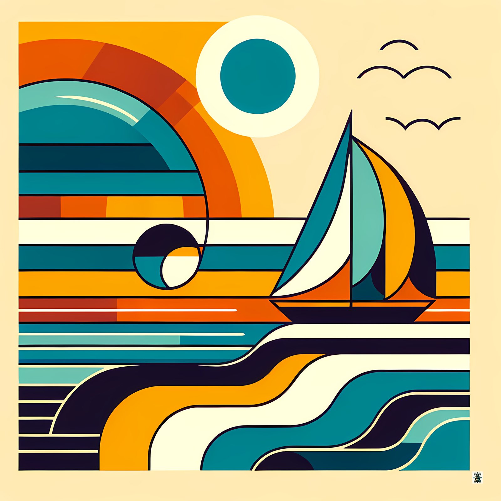 Retro Geometric Sailboat Sunset Seascape in Teal