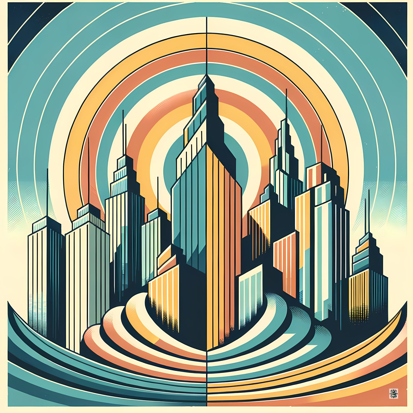 Retro Art Deco City Skyline with Sunburst Rings