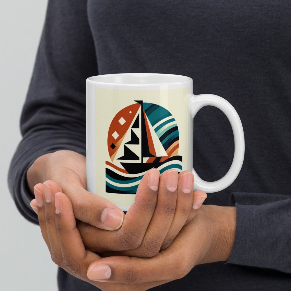 Retro Geometric Sailboat on Teal Waves Sunset