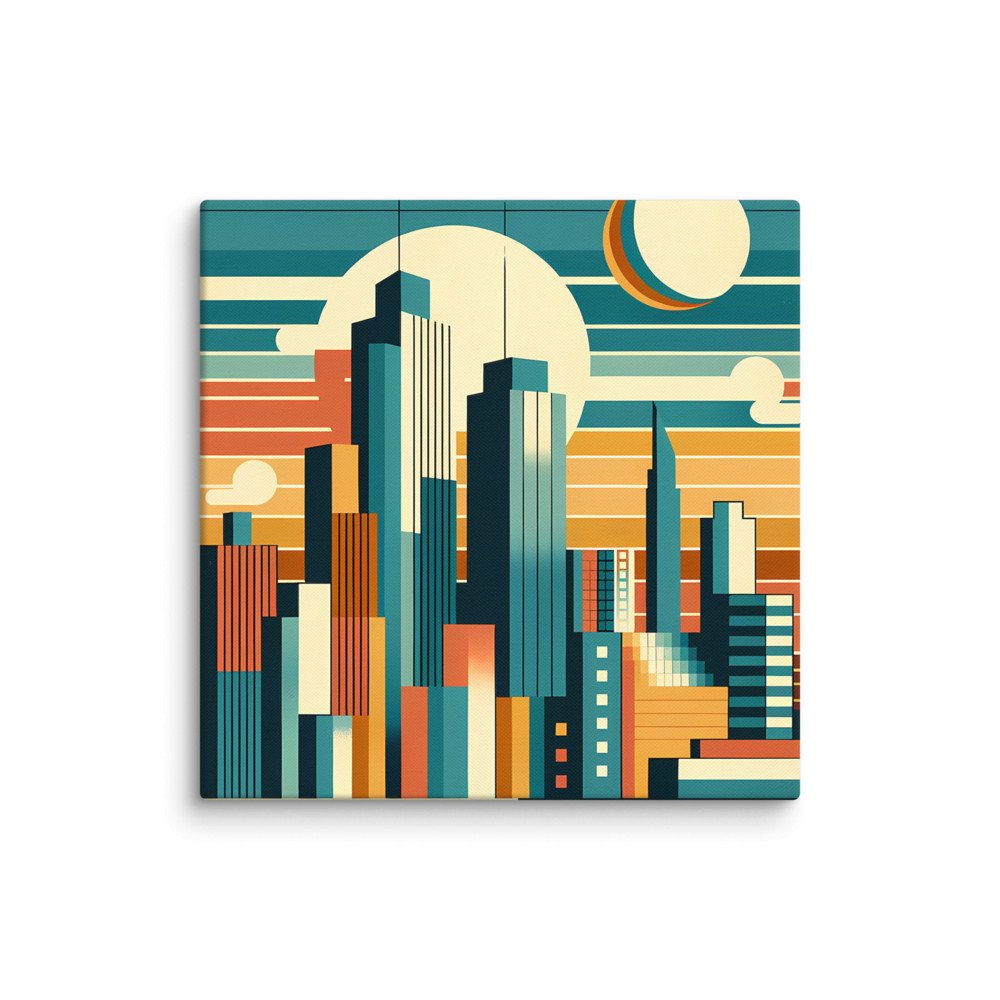 Retro Geometric City Skyline Sunset in Teal and Orange