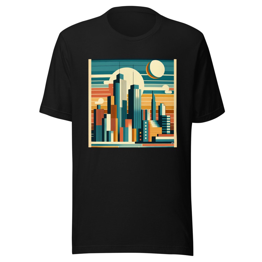 Retro Geometric City Skyline Sunset in Teal and Orange