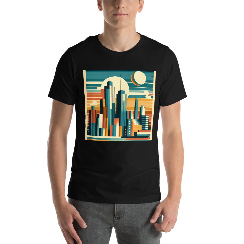 Retro Geometric City Skyline Sunset in Teal and Orange — T-Shirt
