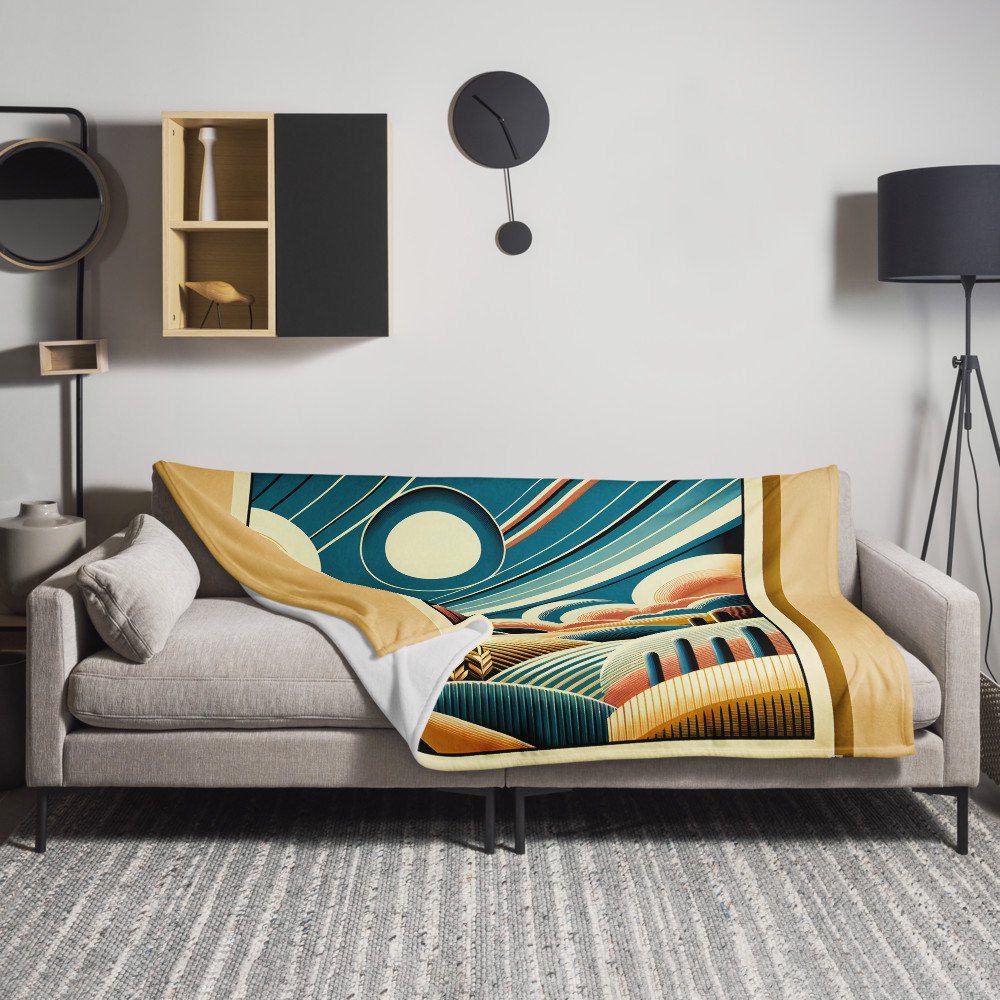 Retro Geometric Sun and Clouds Over Rolling Hills