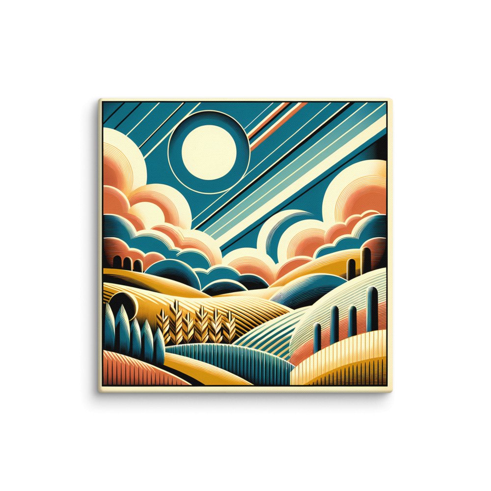 Retro Geometric Sun and Clouds Over Rolling Hills
