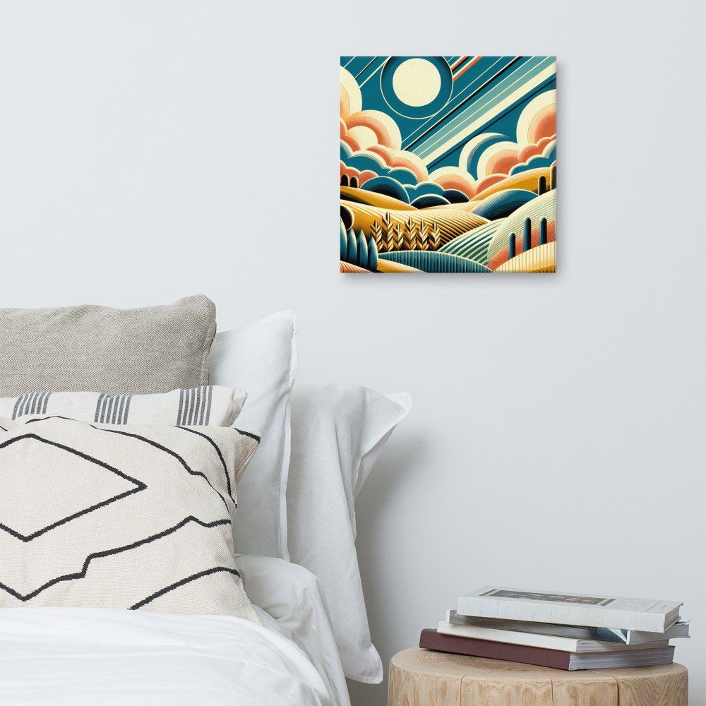 Retro Geometric Sun and Clouds Over Rolling Hills