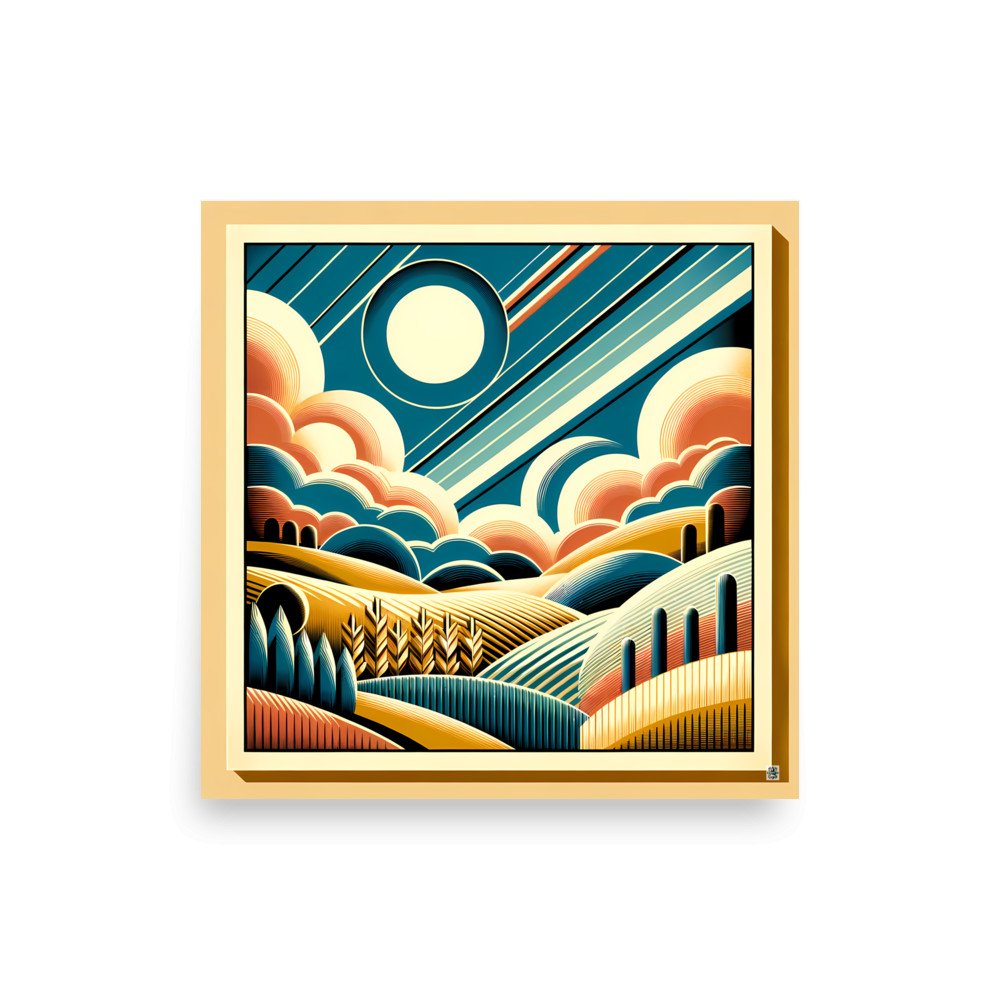 Retro Geometric Sun and Clouds Over Rolling Hills
