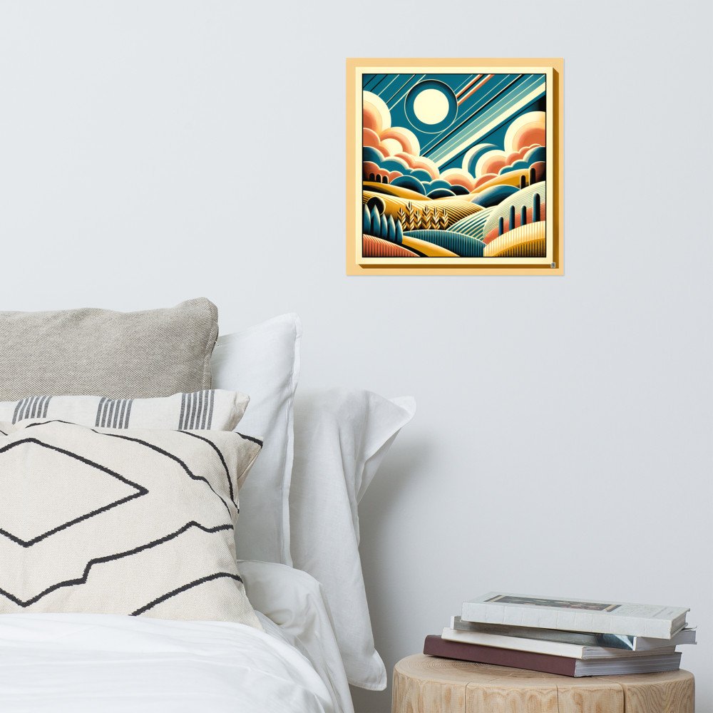 Retro Geometric Sun and Clouds Over Rolling Hills