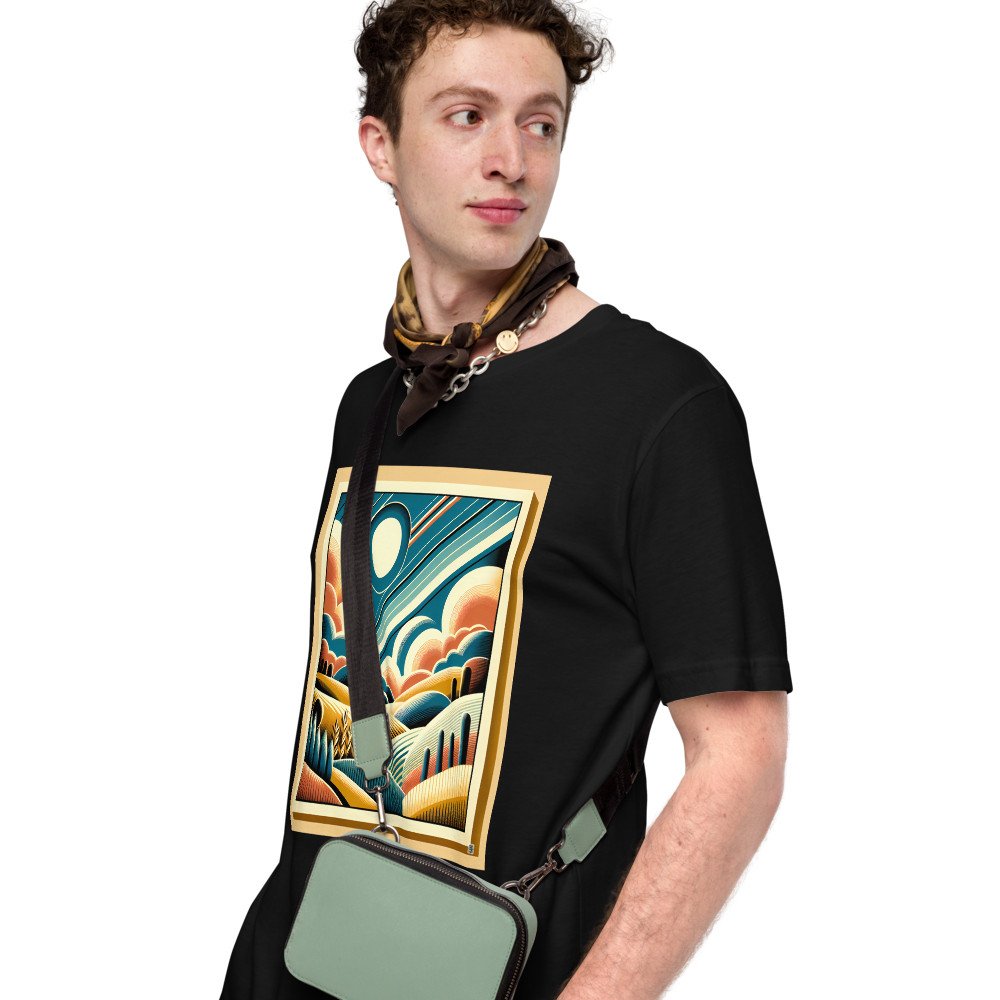 Retro Geometric Sun and Clouds Over Rolling Hills