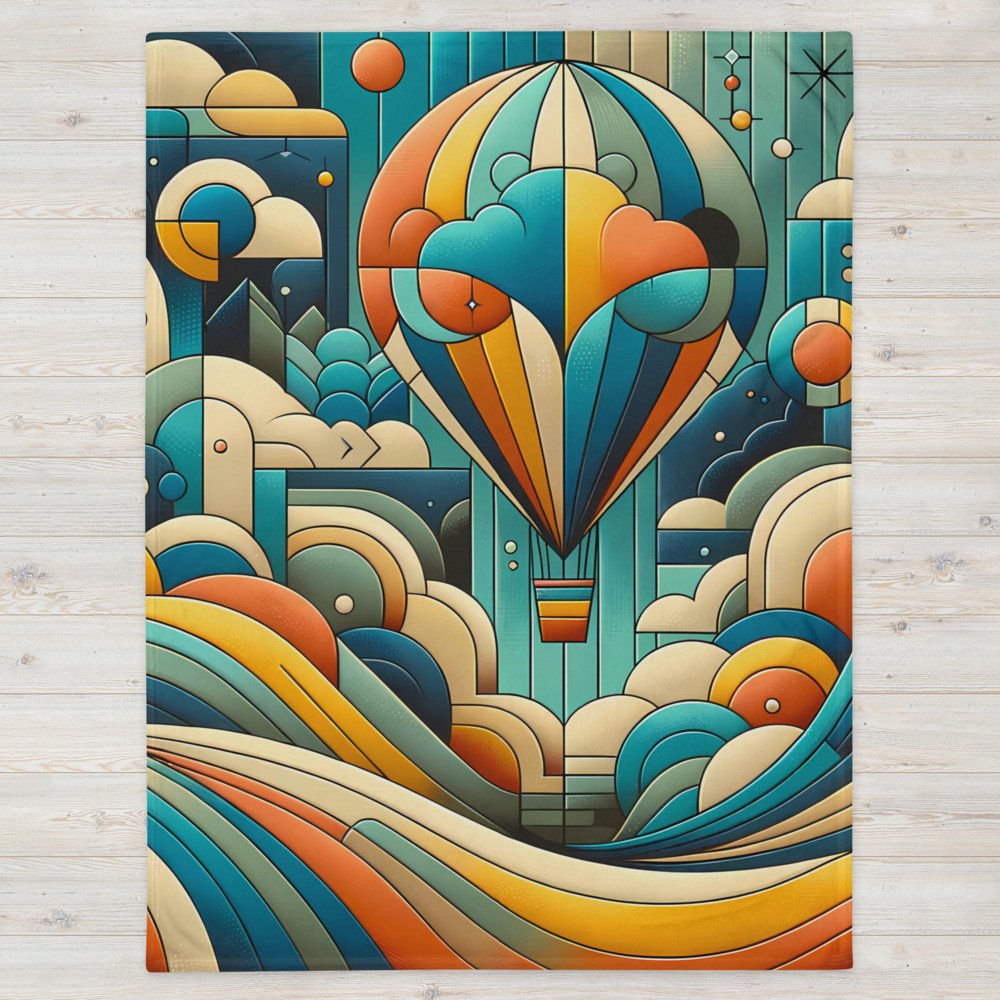 Geometric Hot Air Balloon Over Abstract Clouds