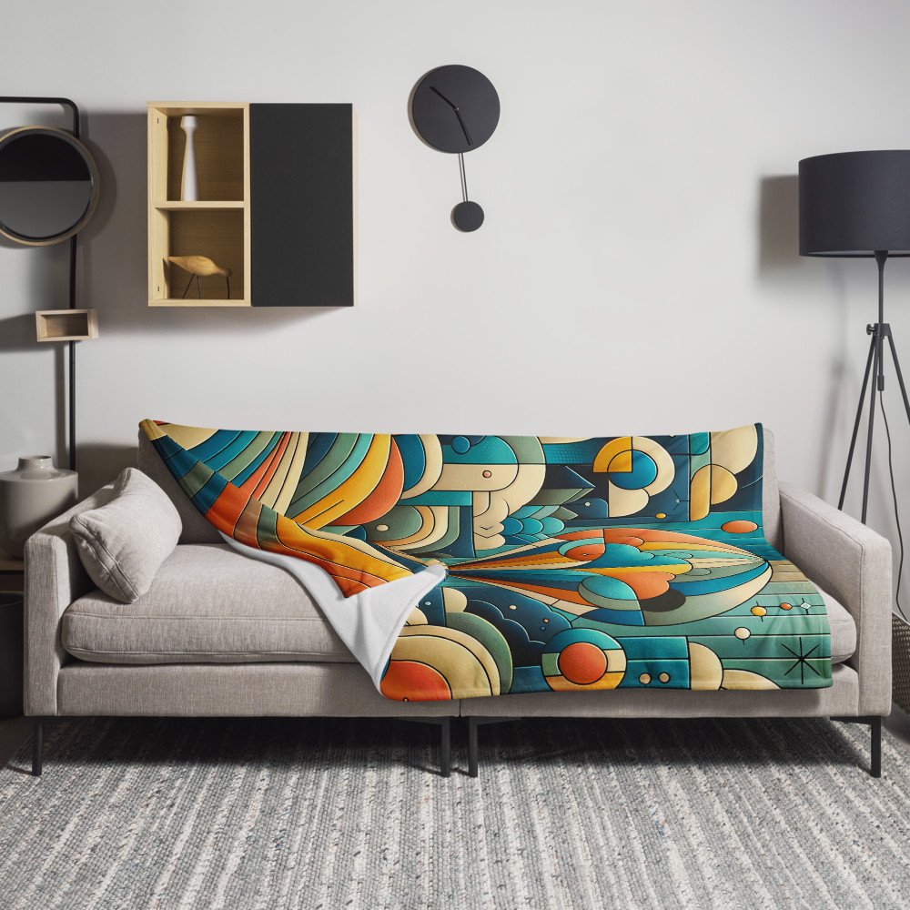 Geometric Hot Air Balloon Over Abstract Clouds