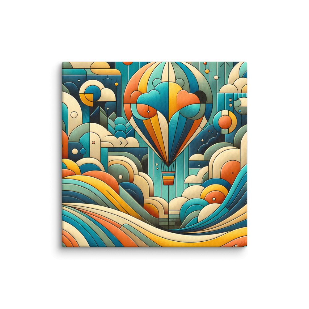 Geometric Hot Air Balloon Over Abstract Clouds