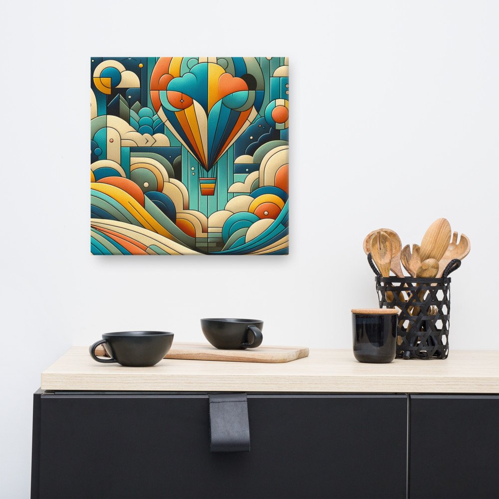 Geometric Hot Air Balloon Over Abstract Clouds