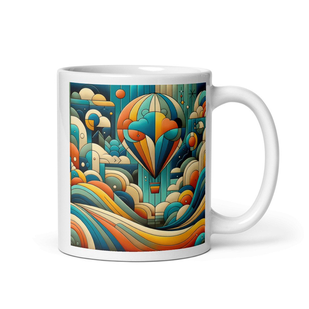 Geometric Hot Air Balloon Over Abstract Clouds