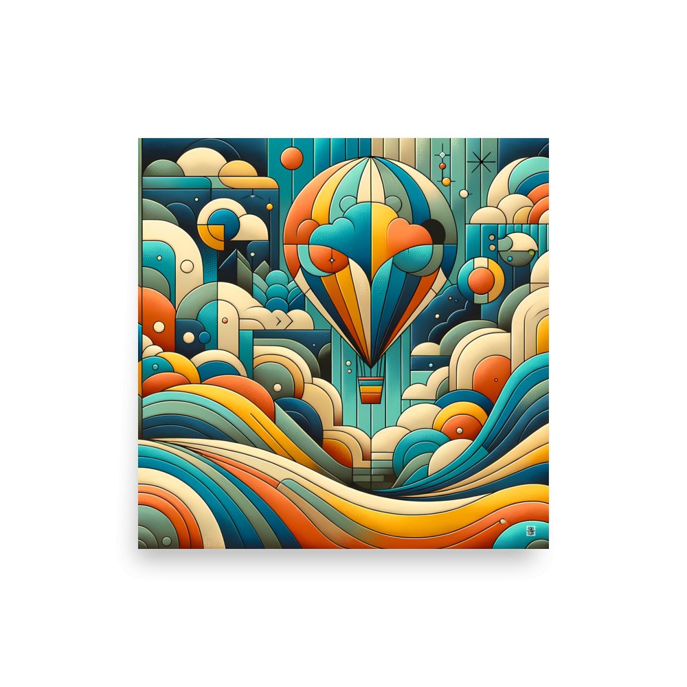Geometric Hot Air Balloon Over Abstract Clouds