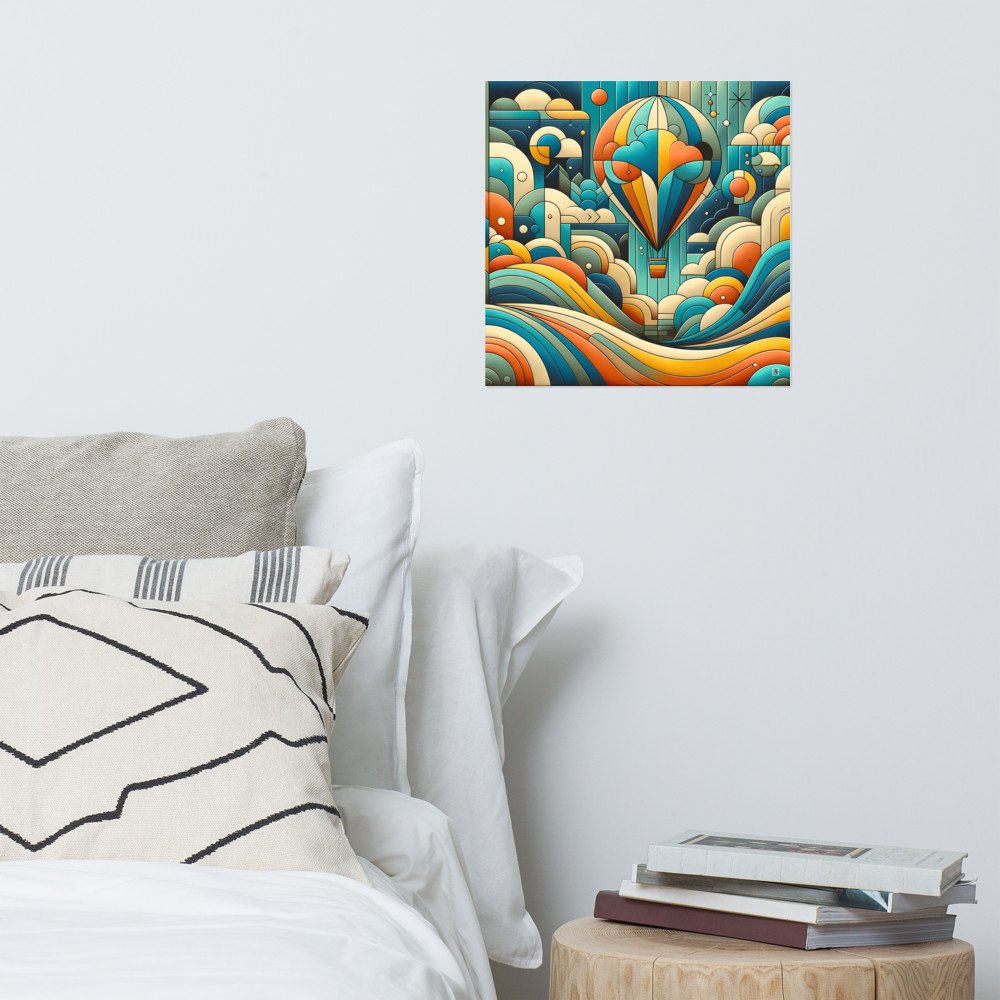 Geometric Hot Air Balloon Over Abstract Clouds