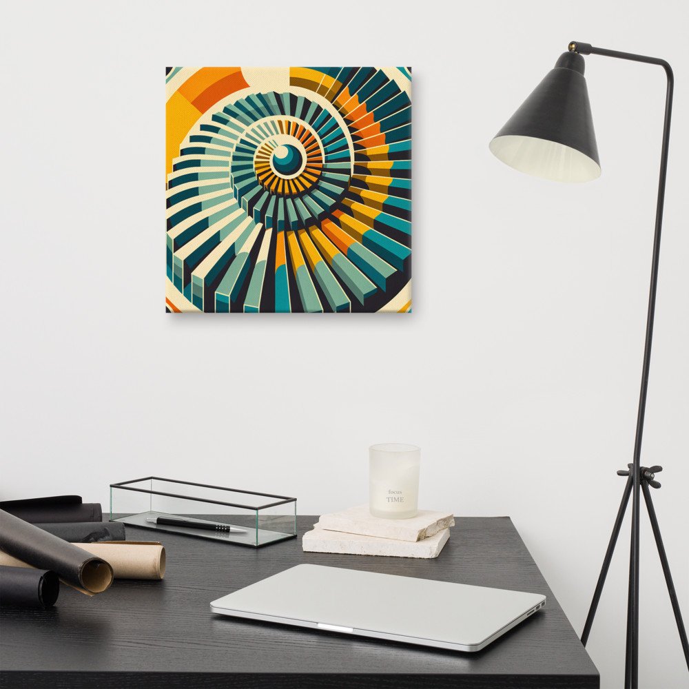 Retro Geometric Spiral Sunburst in Teal and Orange