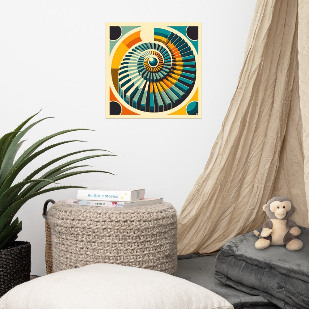 Retro Geometric Spiral Sunburst in Teal and Orange