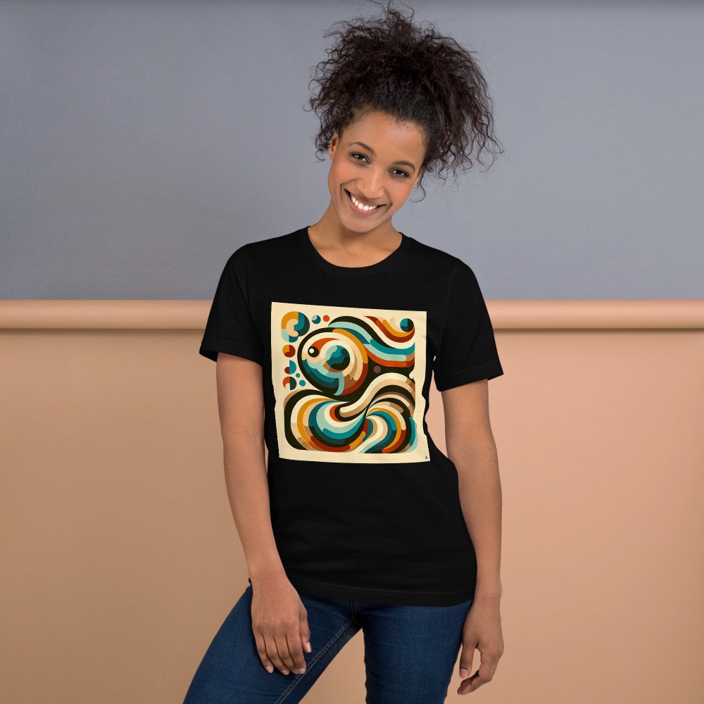 Retro Abstract Swirl Waves in Teal and Ochre — T-Shirt