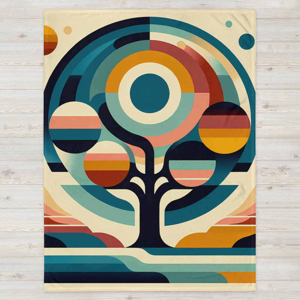 Retro Geometric Tree with Sun and Planet Orbs