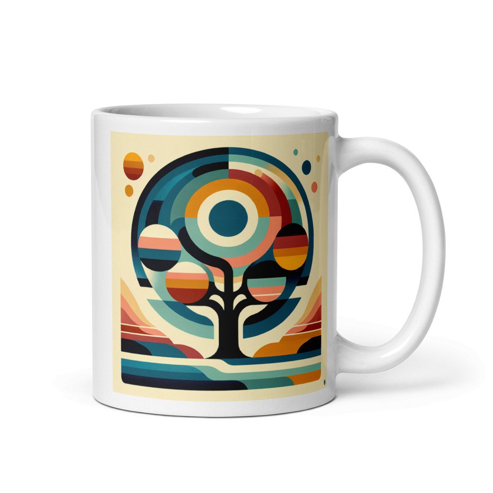 Retro Geometric Tree with Sun and Planet Orbs