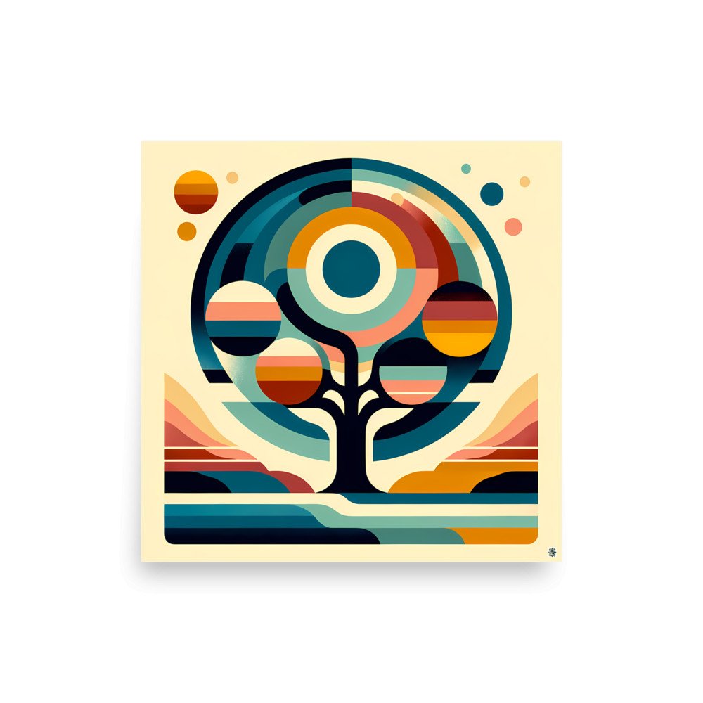Retro Geometric Tree with Sun and Planet Orbs