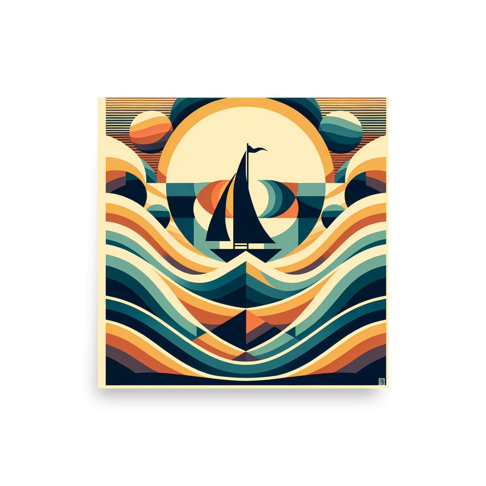 Geometric Sailboat Over Stylised Waves