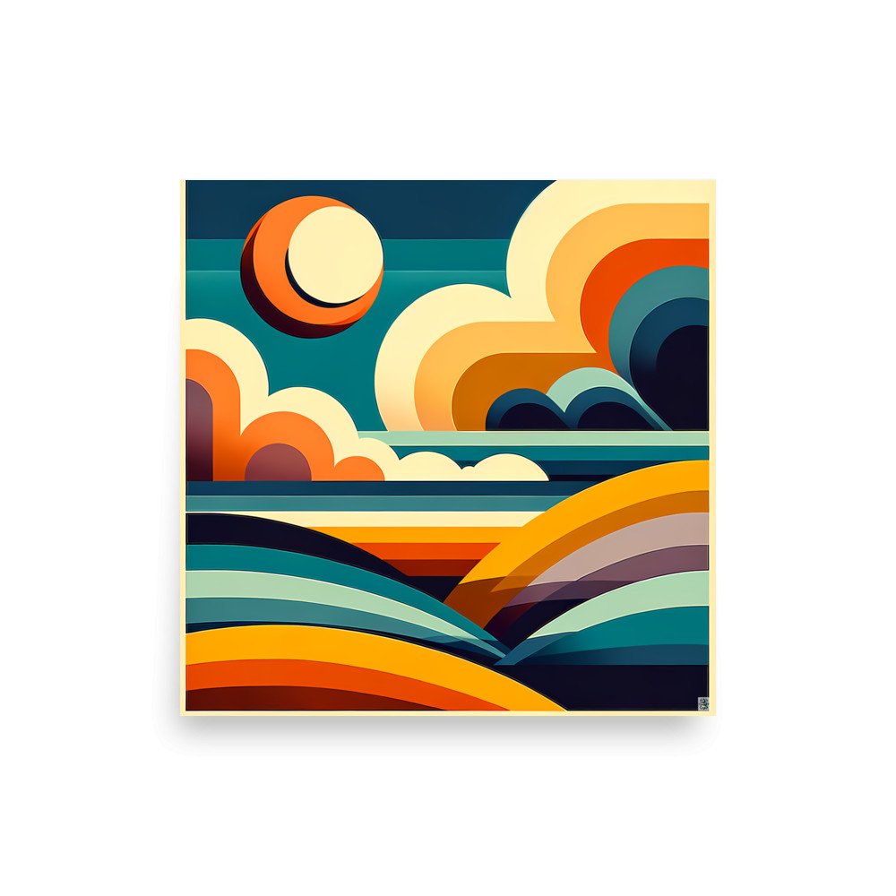 Geometric Sun Over Layered Hills Abstract Landscape