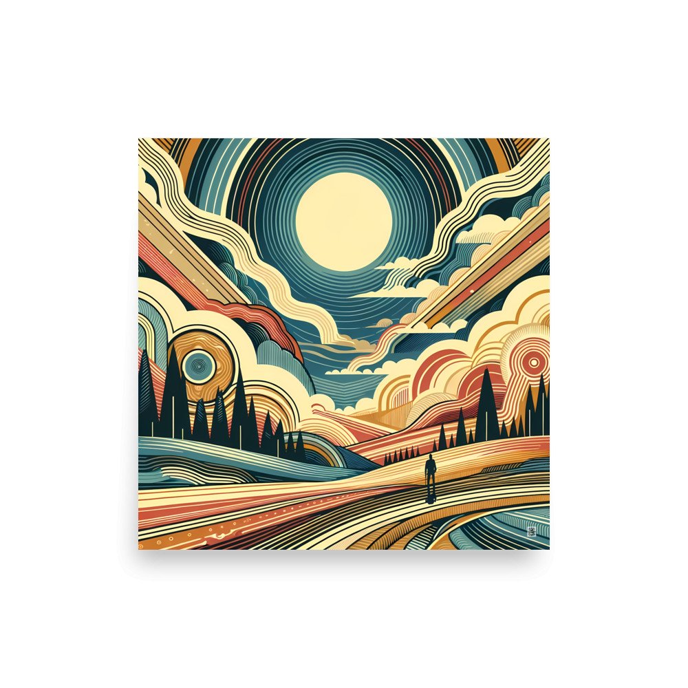 Retro Sunlit Mountain Landscape with Geometric Clouds