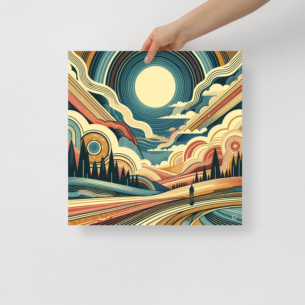 Retro Sunlit Mountain Landscape with Geometric Clouds