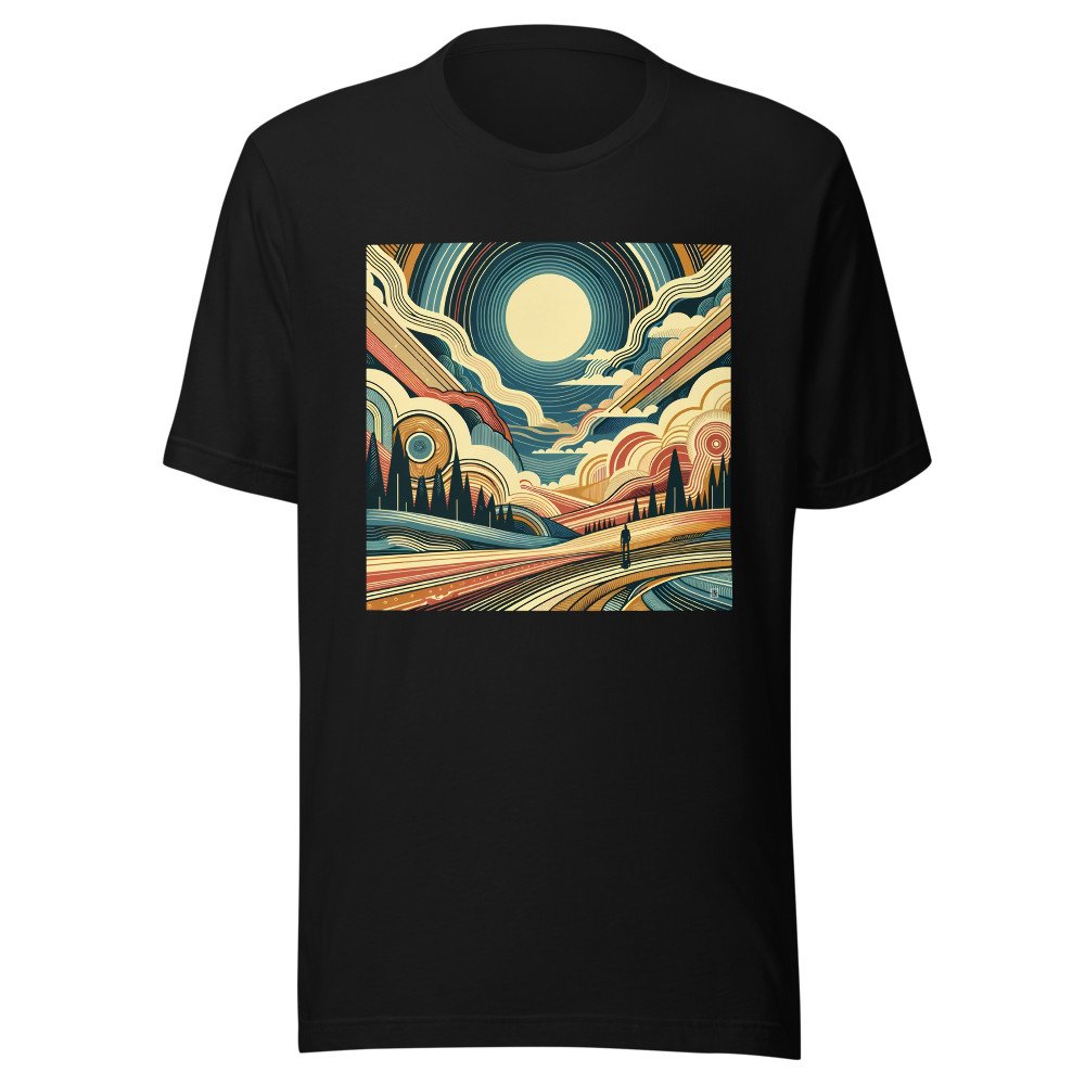 Retro Sunlit Mountain Landscape with Geometric Clouds
