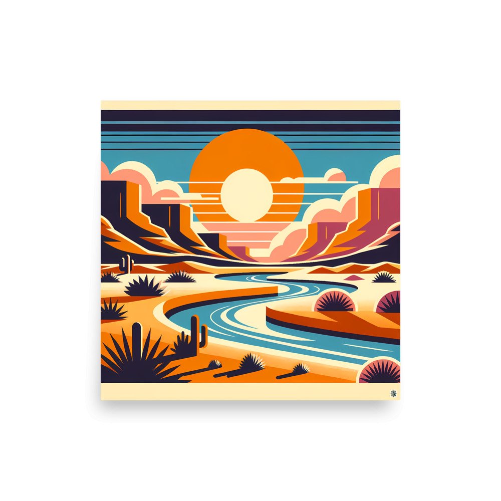 Geometric Desert Sunset with River and Canyons
