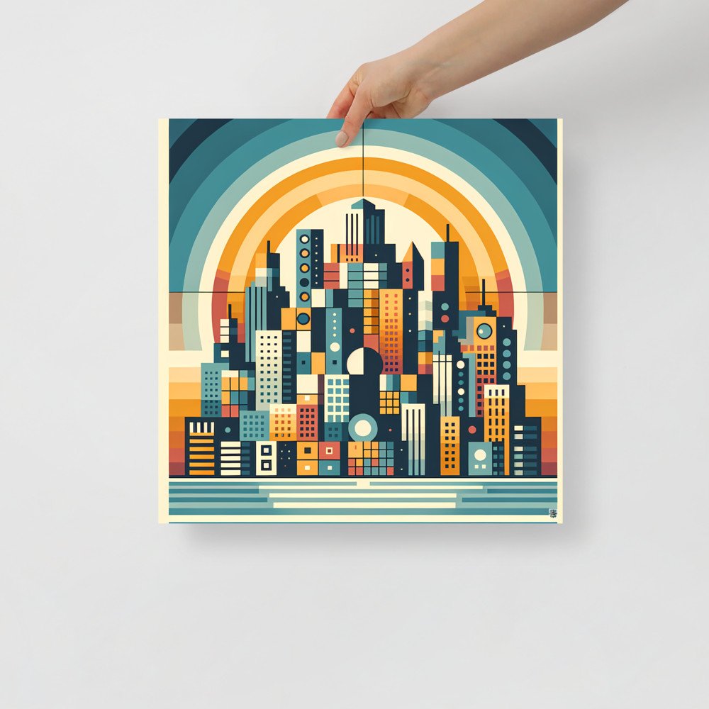 Geometric City Skyline with Retro Sunset Arches