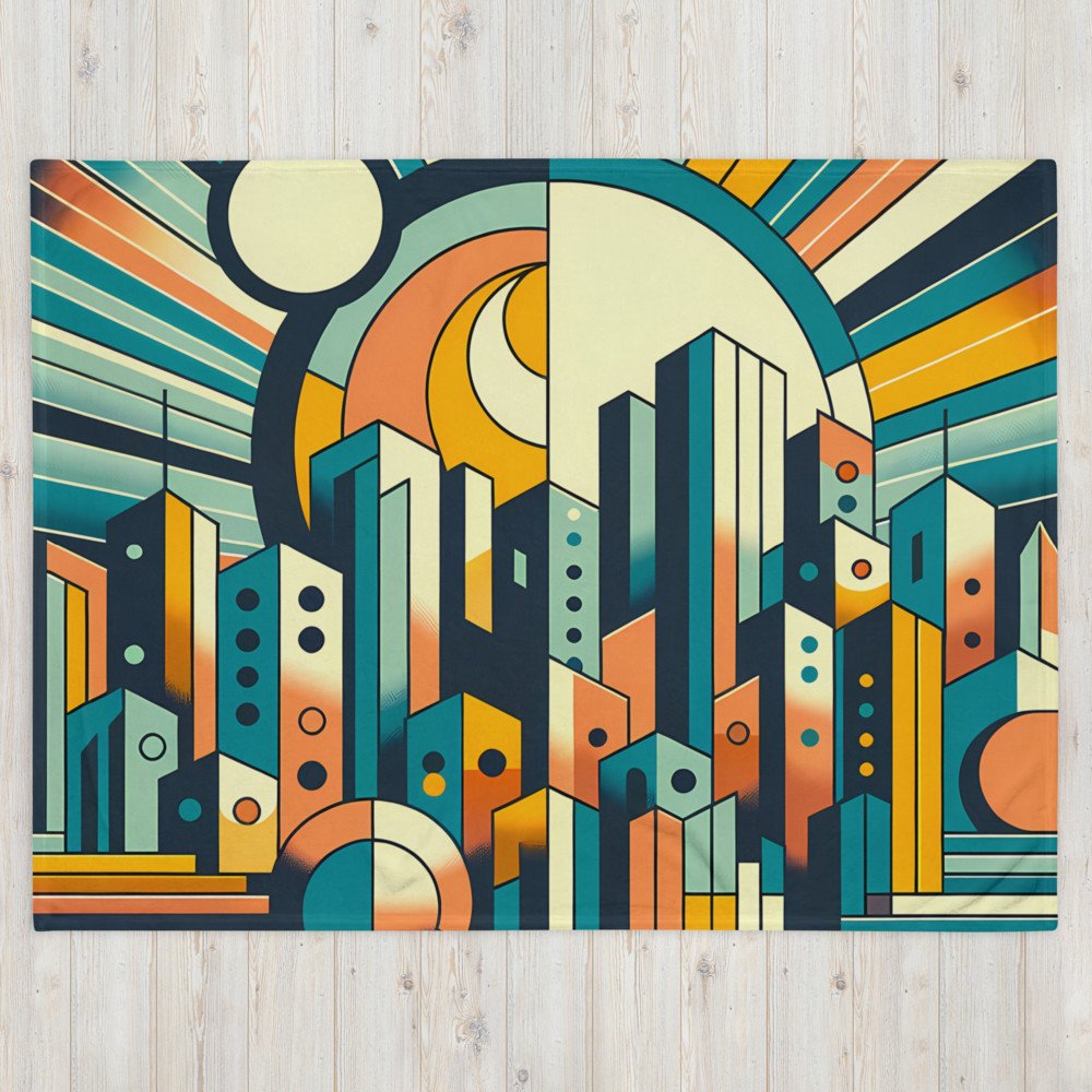 Geometric City Skyline with Sunburst