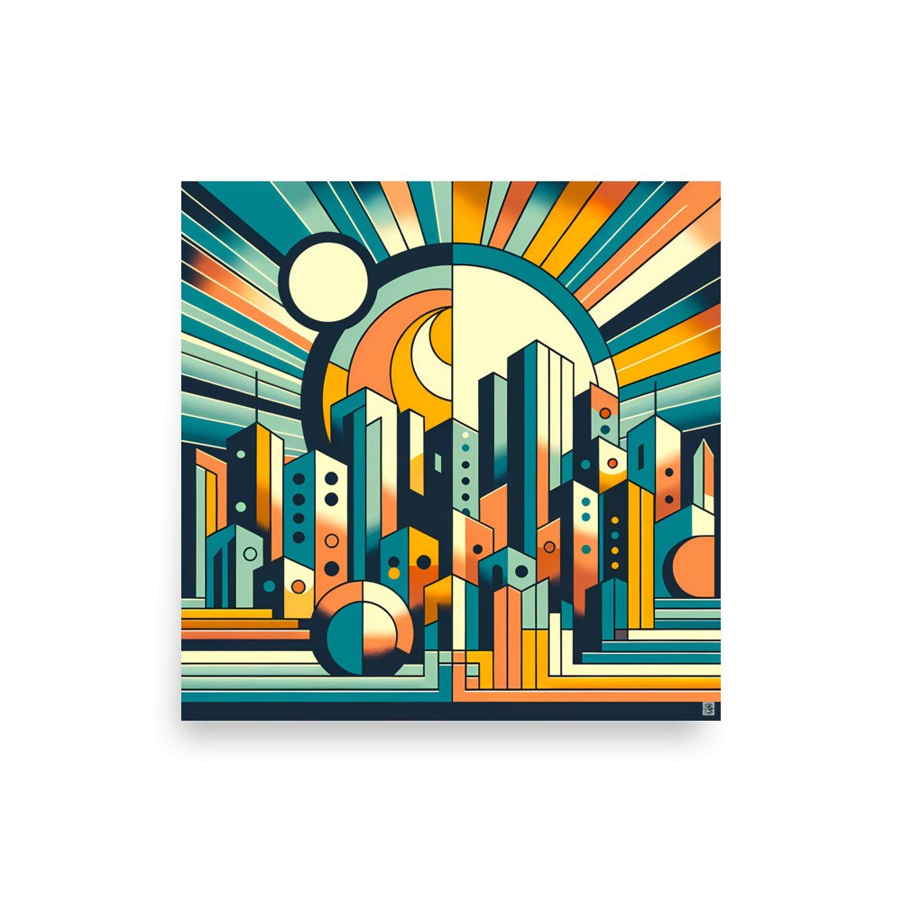 Geometric City Skyline with Sunburst